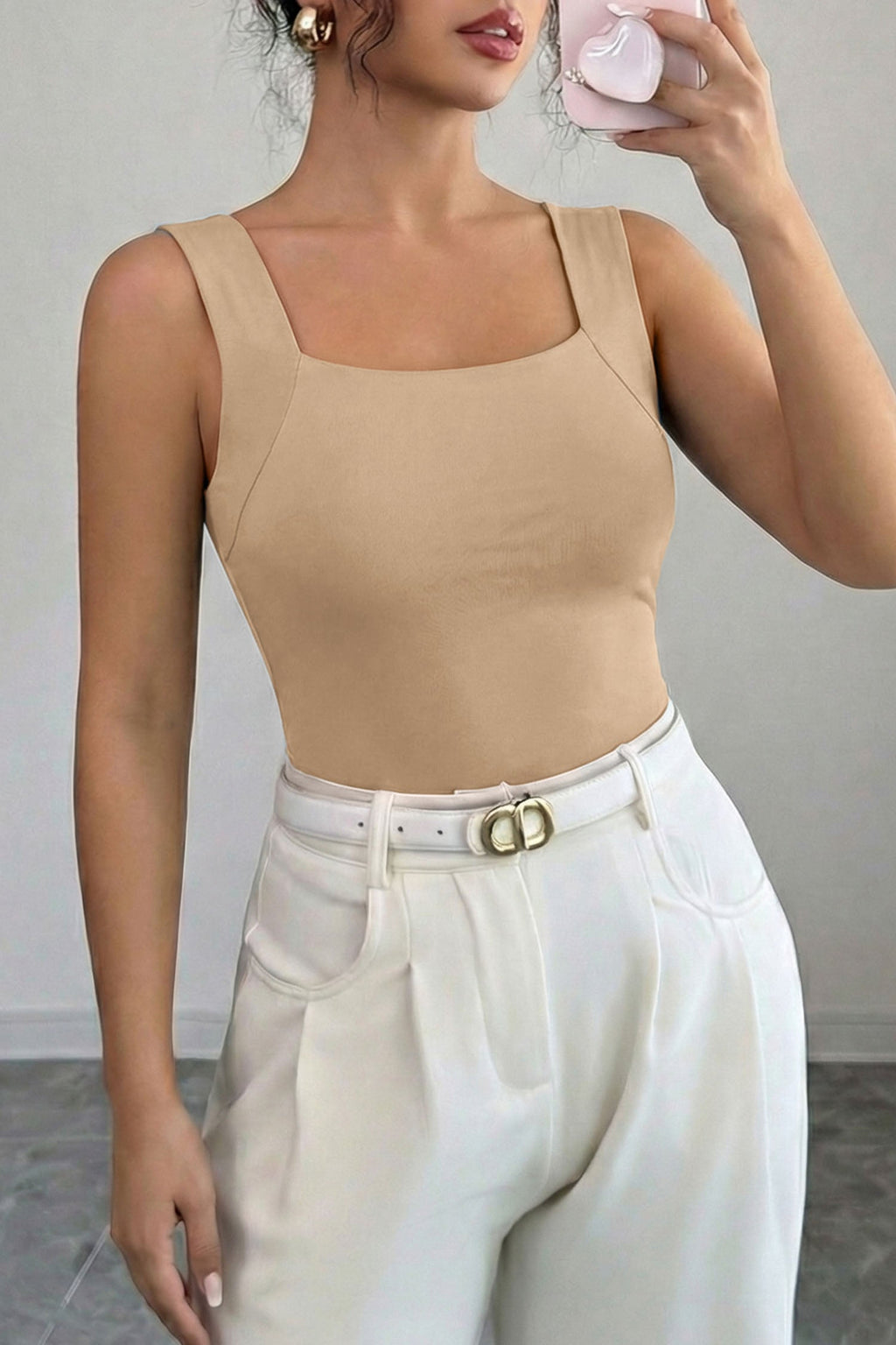 Oatmeal Solid Color Wide Strap Splicing Athleisure Tank Top
