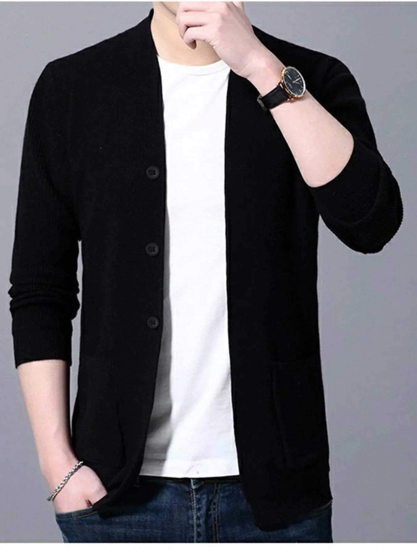 Men's Plus Size Long Sleeve Cardigan with Pockets