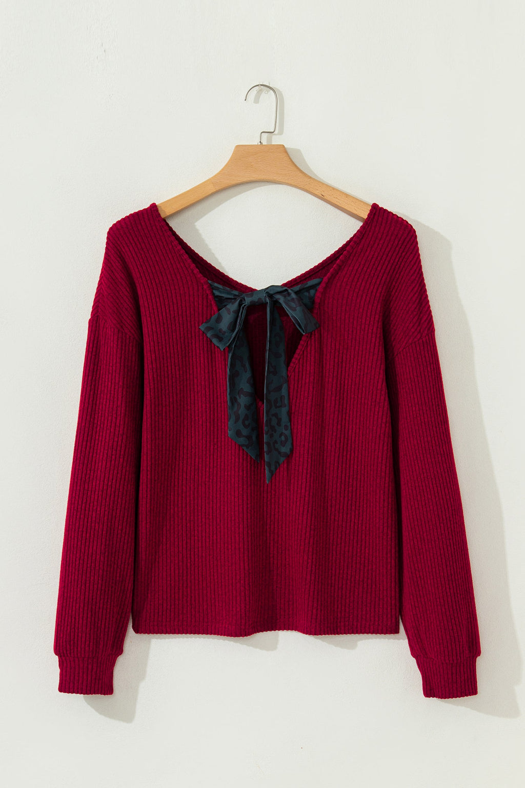 Leopard Bow Back Ribbed Knit Long Sleeve Top