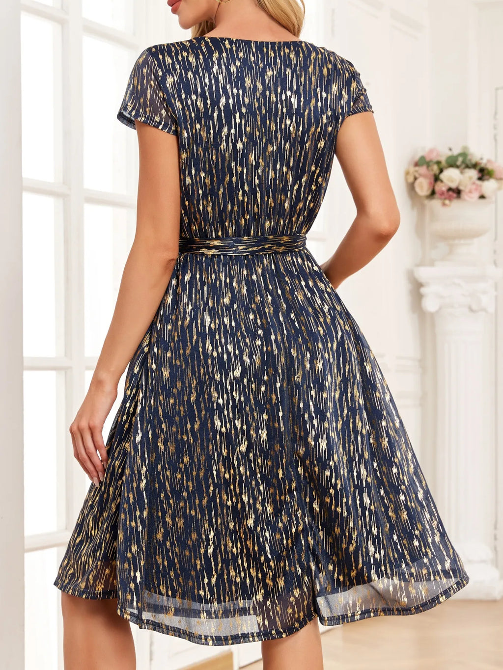 V-Neck Metallic Print Dress