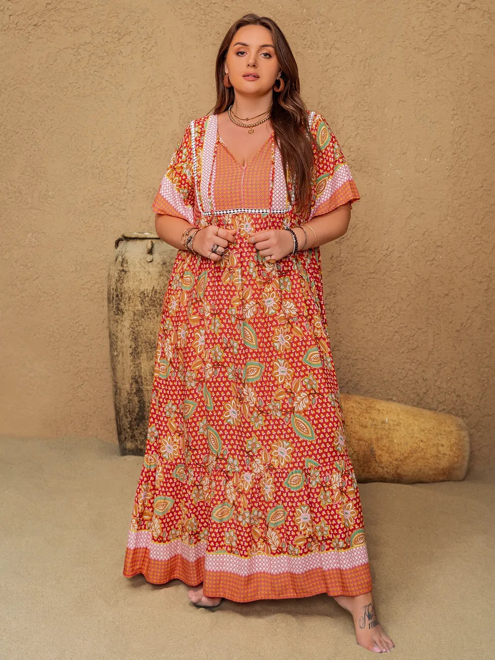Printed Tie Neck Flutter Sleeve Maxi Dress