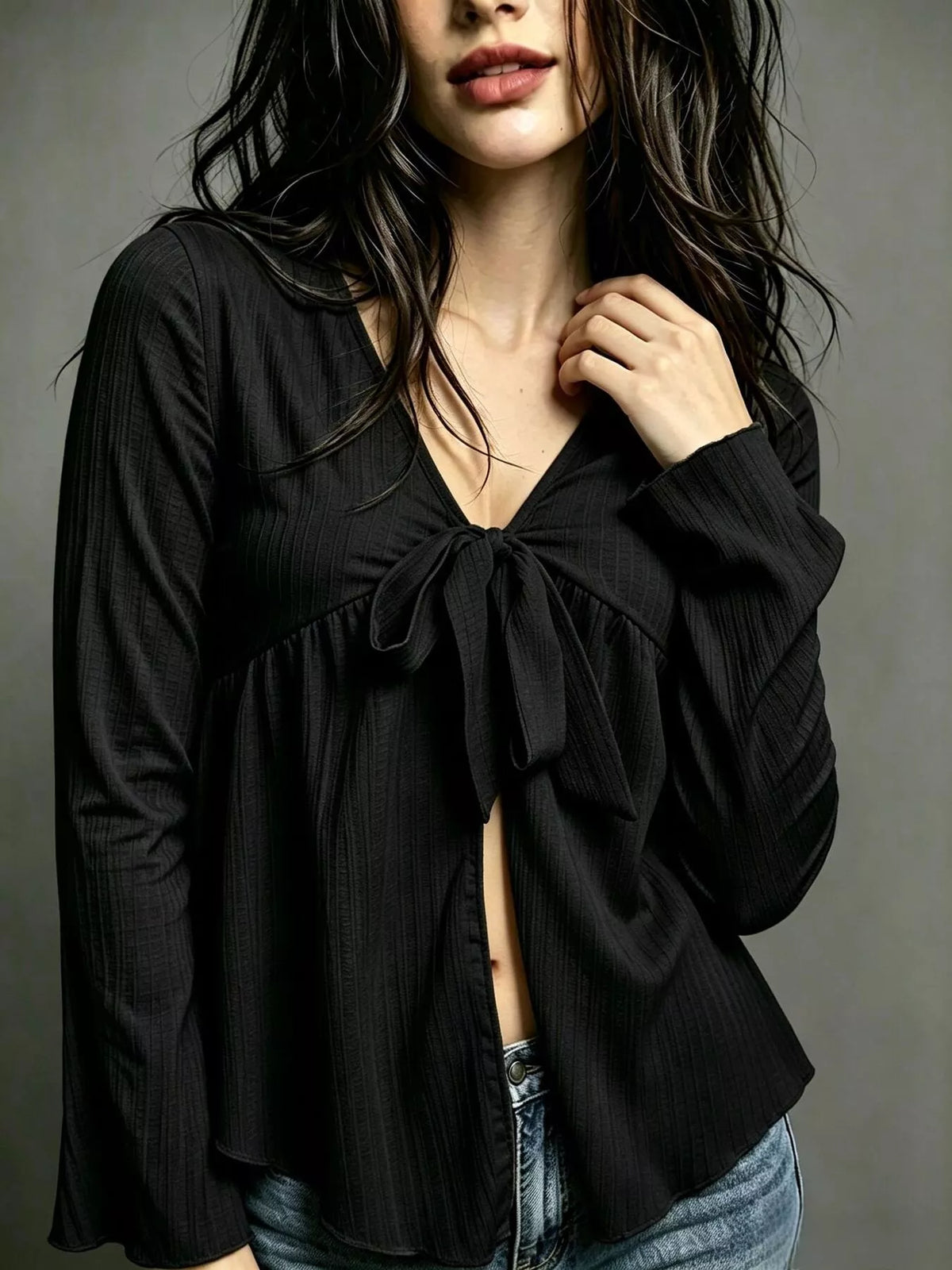 Tie-Front Flare Sleeve Blouse