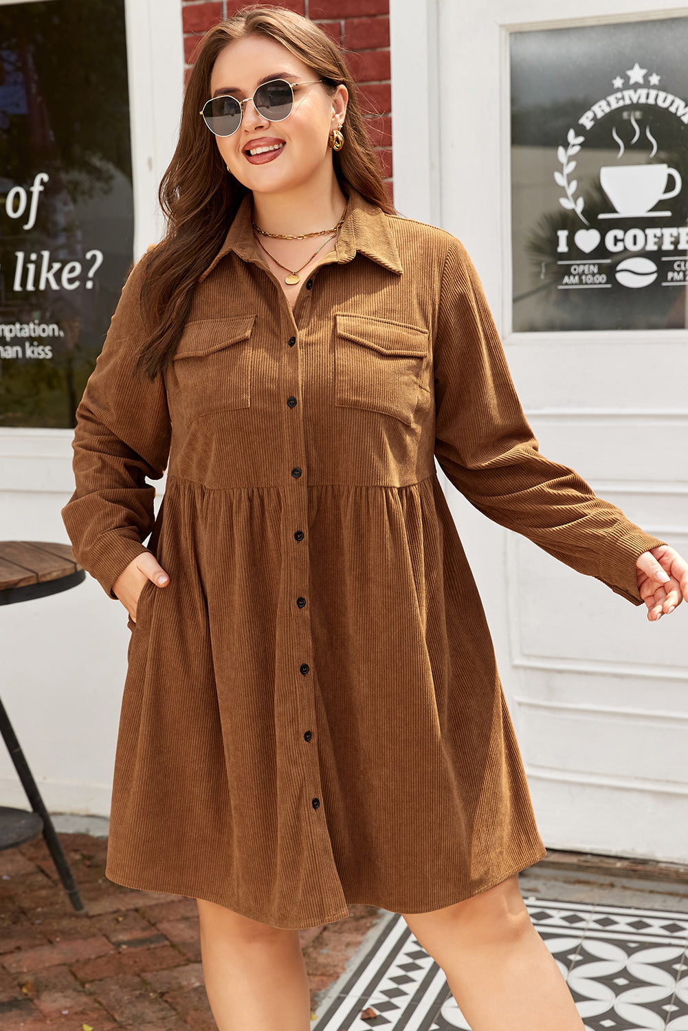 Plus Size Corduroy Button-Up Collared Shirt Dress