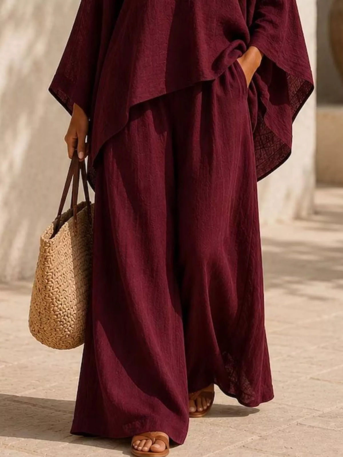Full Size Loose Fit Top and Wide-Leg Pants Set Plus Size