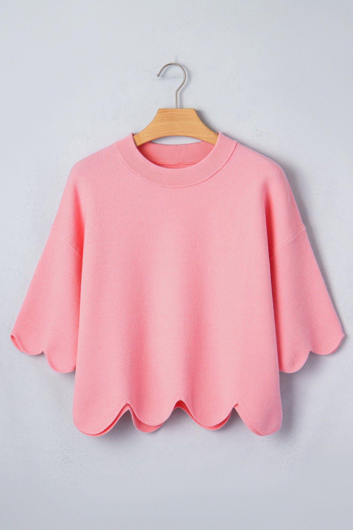 Solid Scalloped Hem 3/4 Sleeve Sweater Top