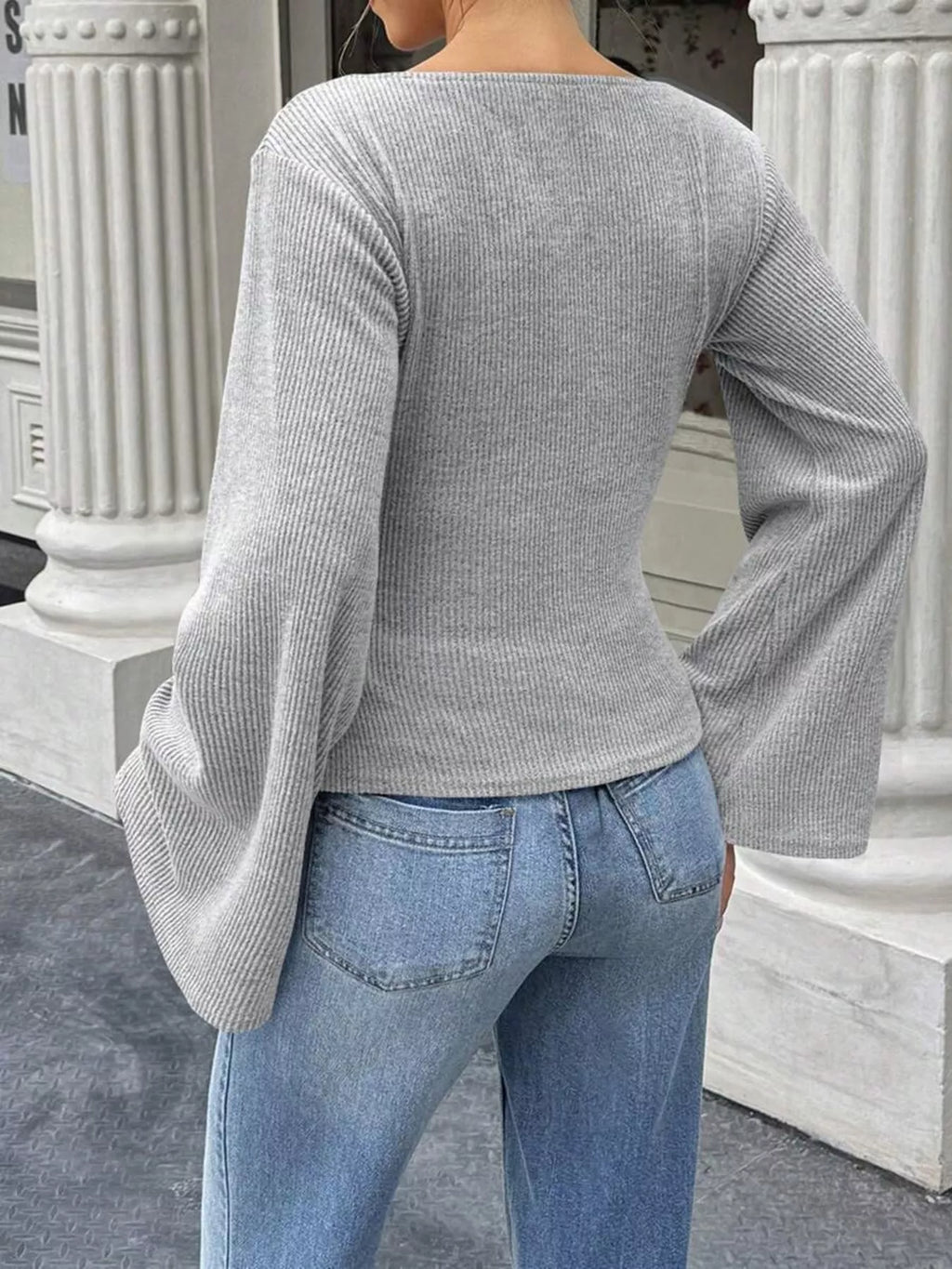 Ribbed Flare Sleeve Top with Ruched Detail