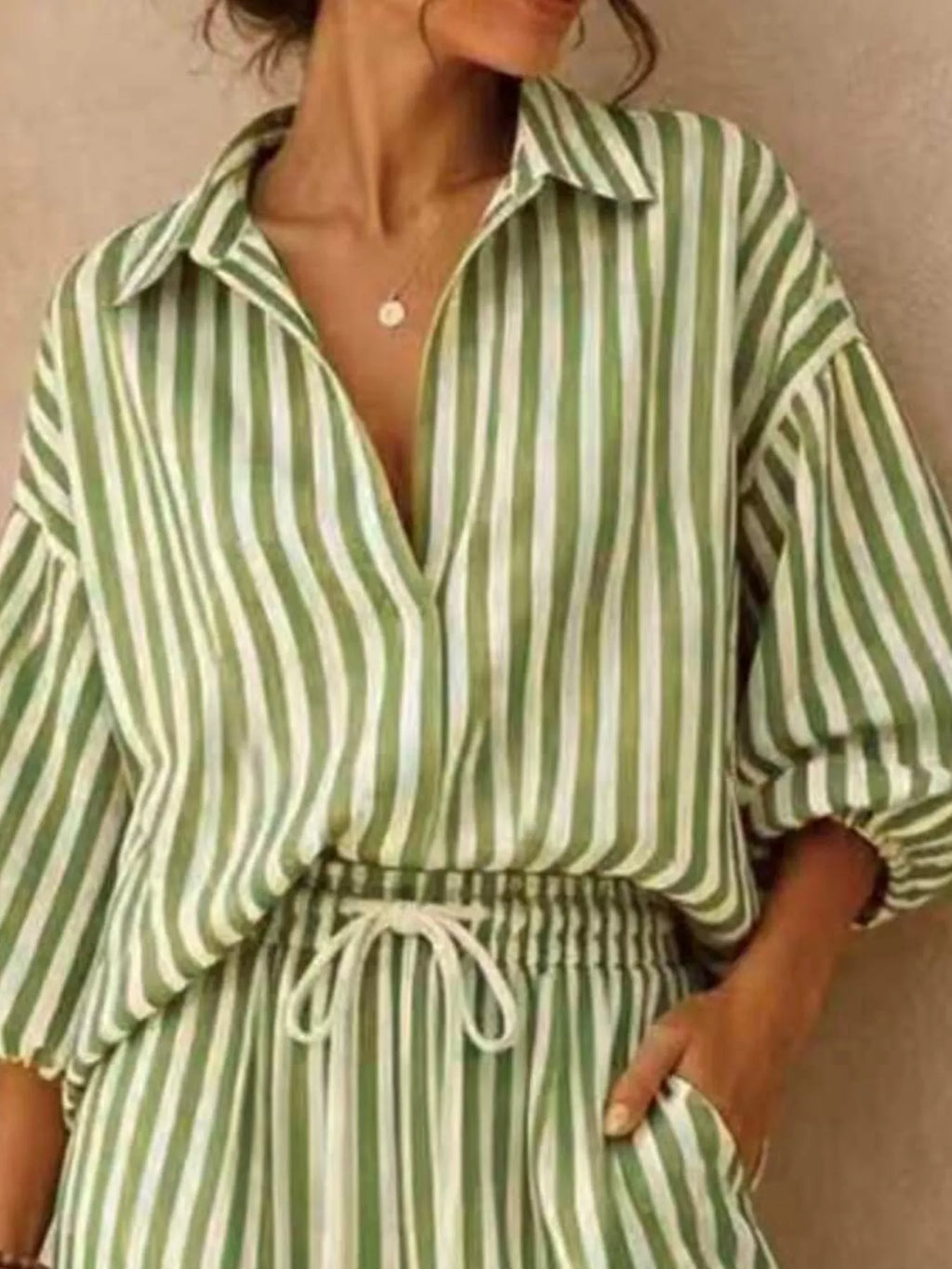 Full Size Striped Puff Sleeve Shirt and Wide-Leg Drawstring Pants Set Plus Size