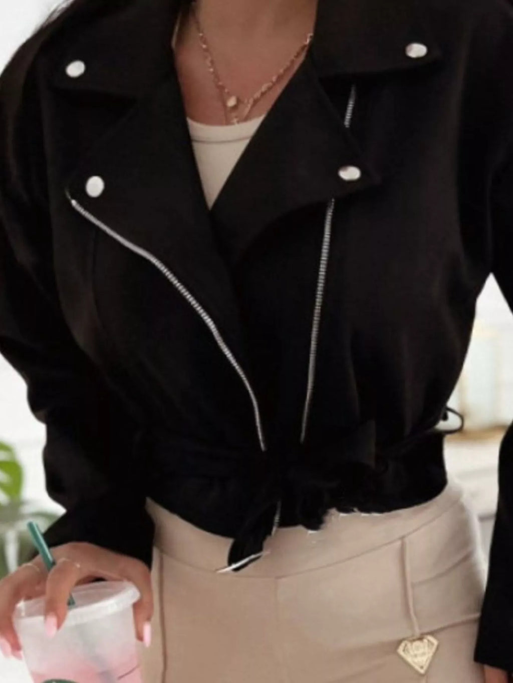 Cropped Biker Jacket with Belt Detail