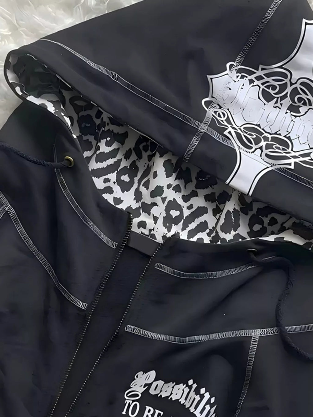 Gothic Cross Leopard Lined Zip-Up Hoodie