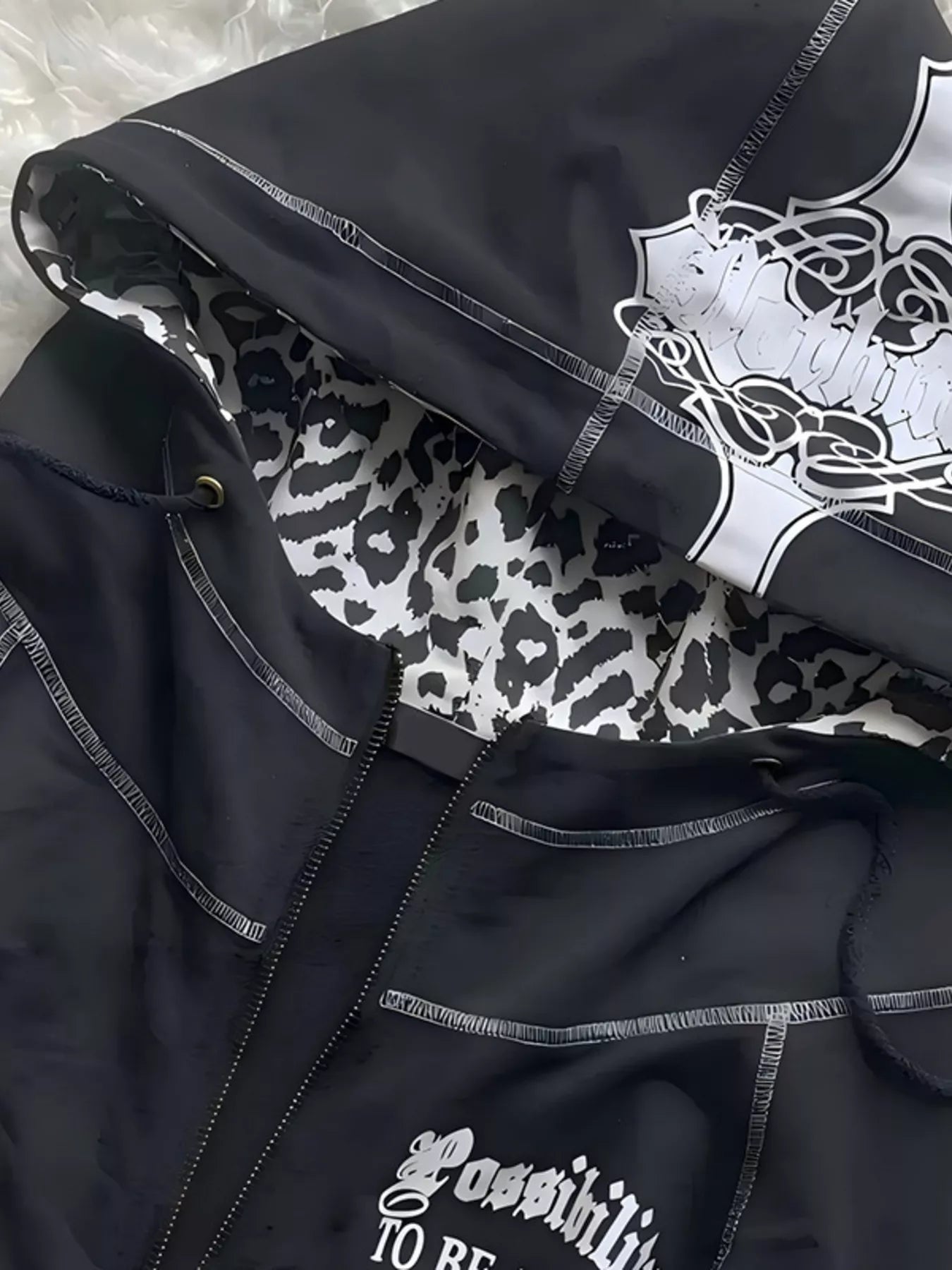 Gothic Cross Leopard Lined Zip-Up Hoodie