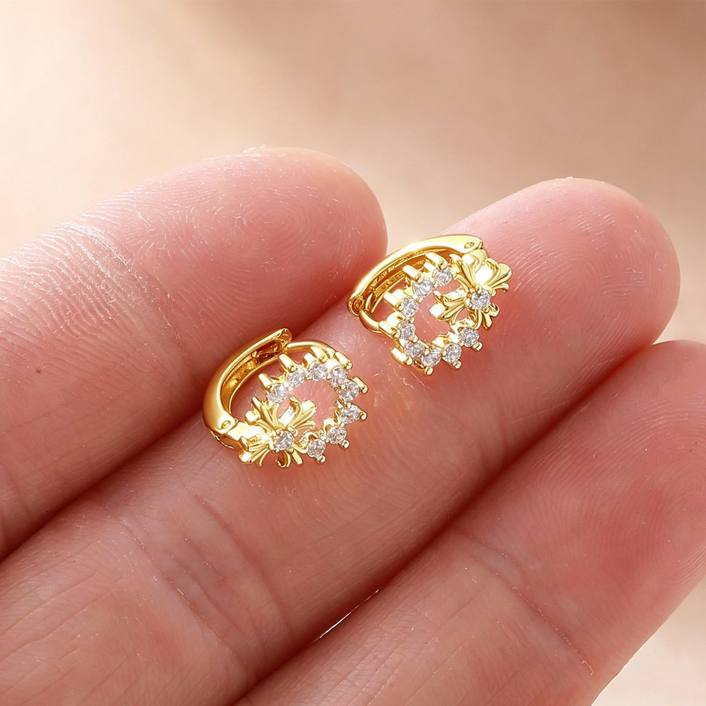 New Real Gold Plated Copper Cross Hoop Earrings Inlaid Rhinestone Light Luxury Premium Feel Jewelry Wholesale For Women