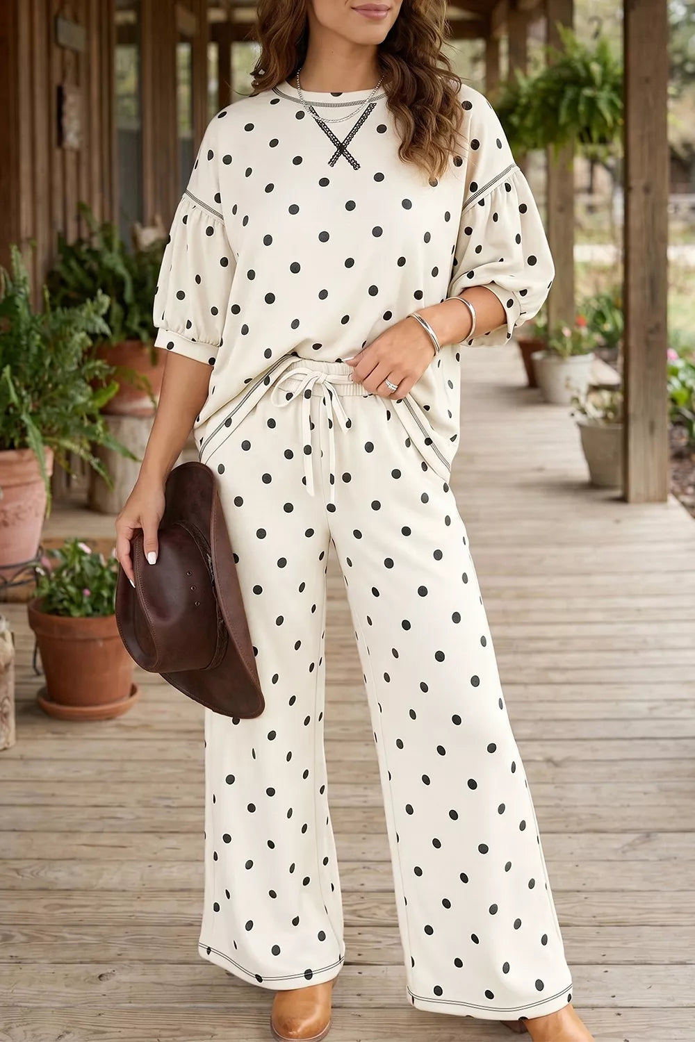 Polka Dot Half Sleeve Top and Pants Set