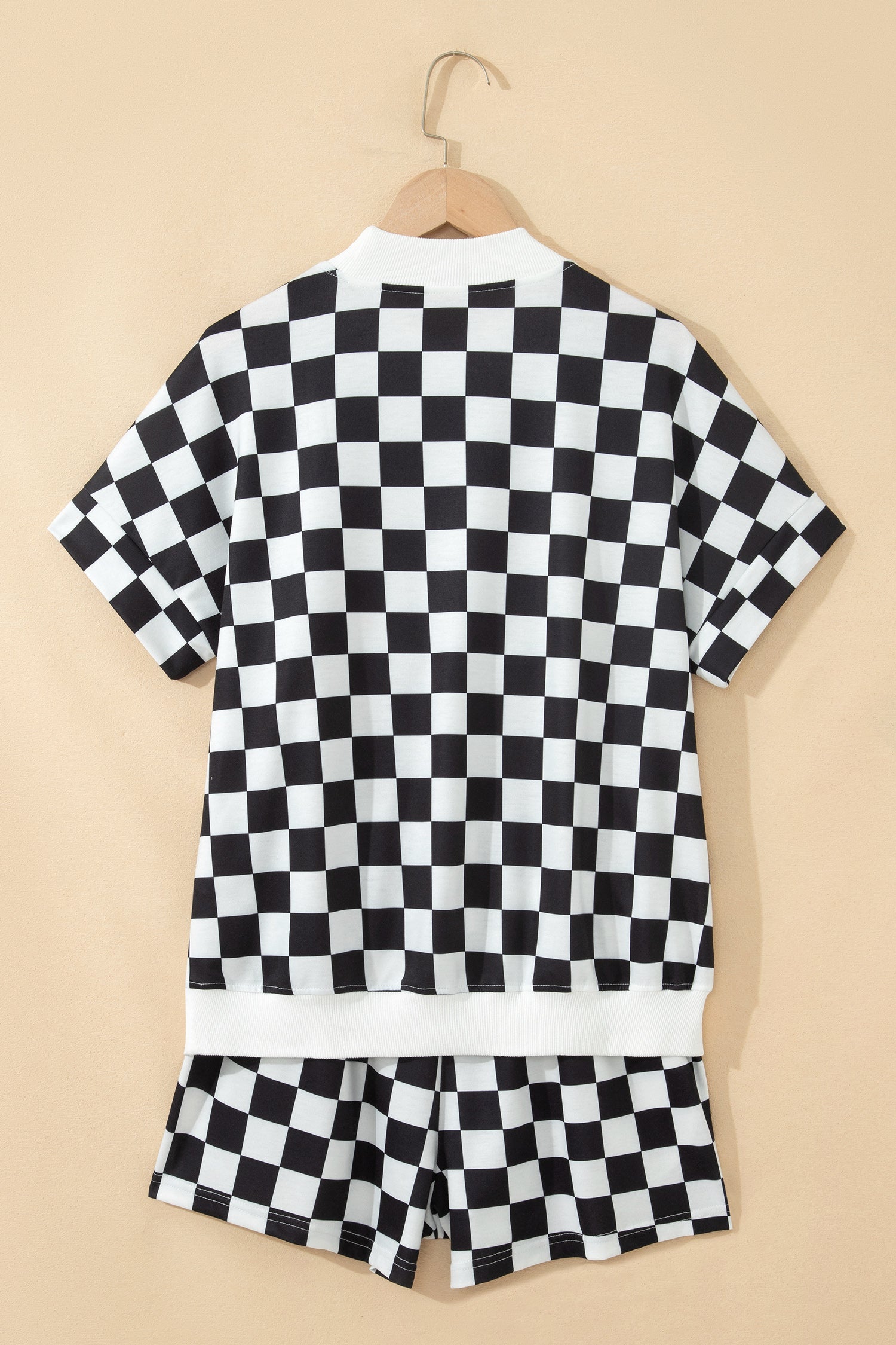 Black Checkered Print Color Block Trim Mock Neck Short Set