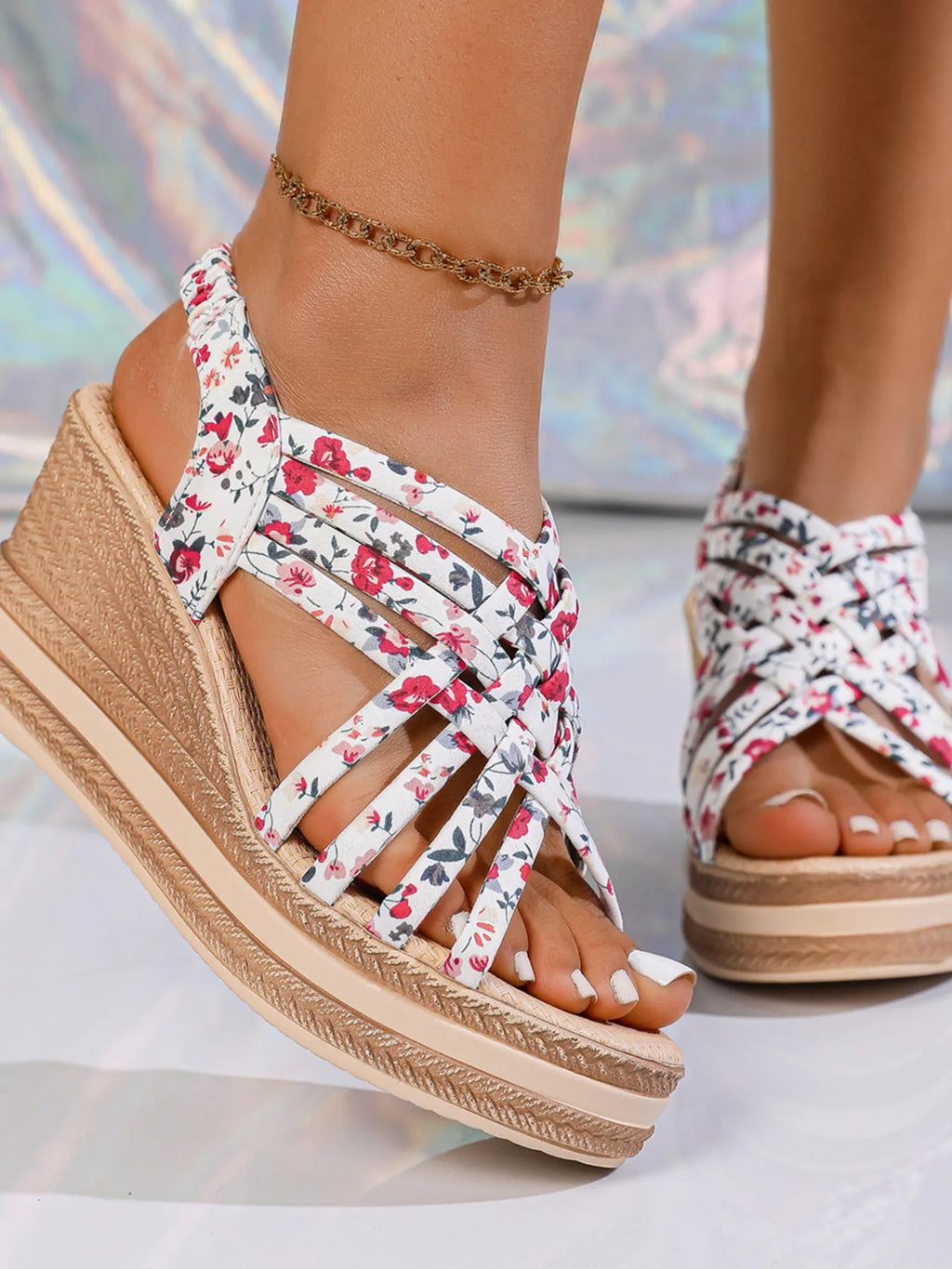 Open Toe Floral Print Strappy Platform Wedge Sandals