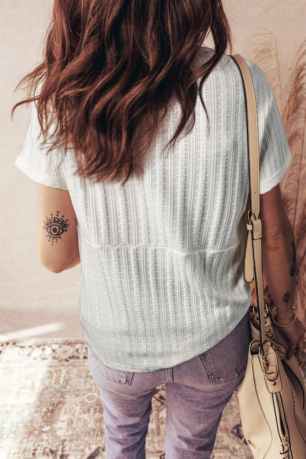 White Solid Color Textured Button V Neck Raw Seam Henley Tee