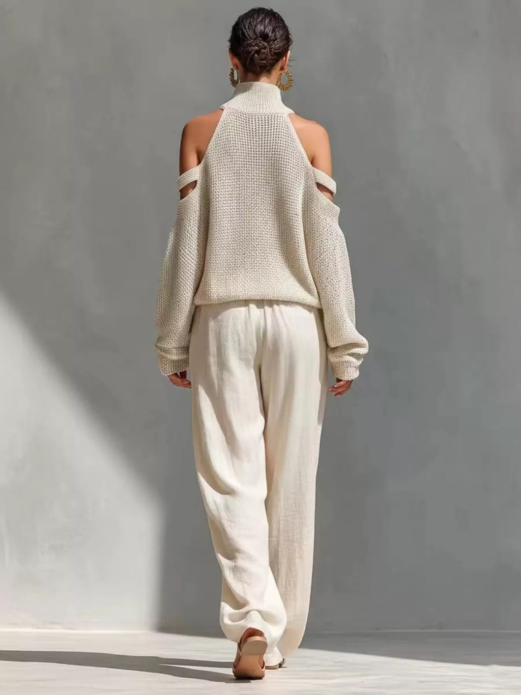 Cold Shoulder Turtleneck Top and Wide-Leg Pants Set