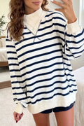 Striped Stand Neck Long Sleeve Ribbed Cuff Hem Sweatshirt