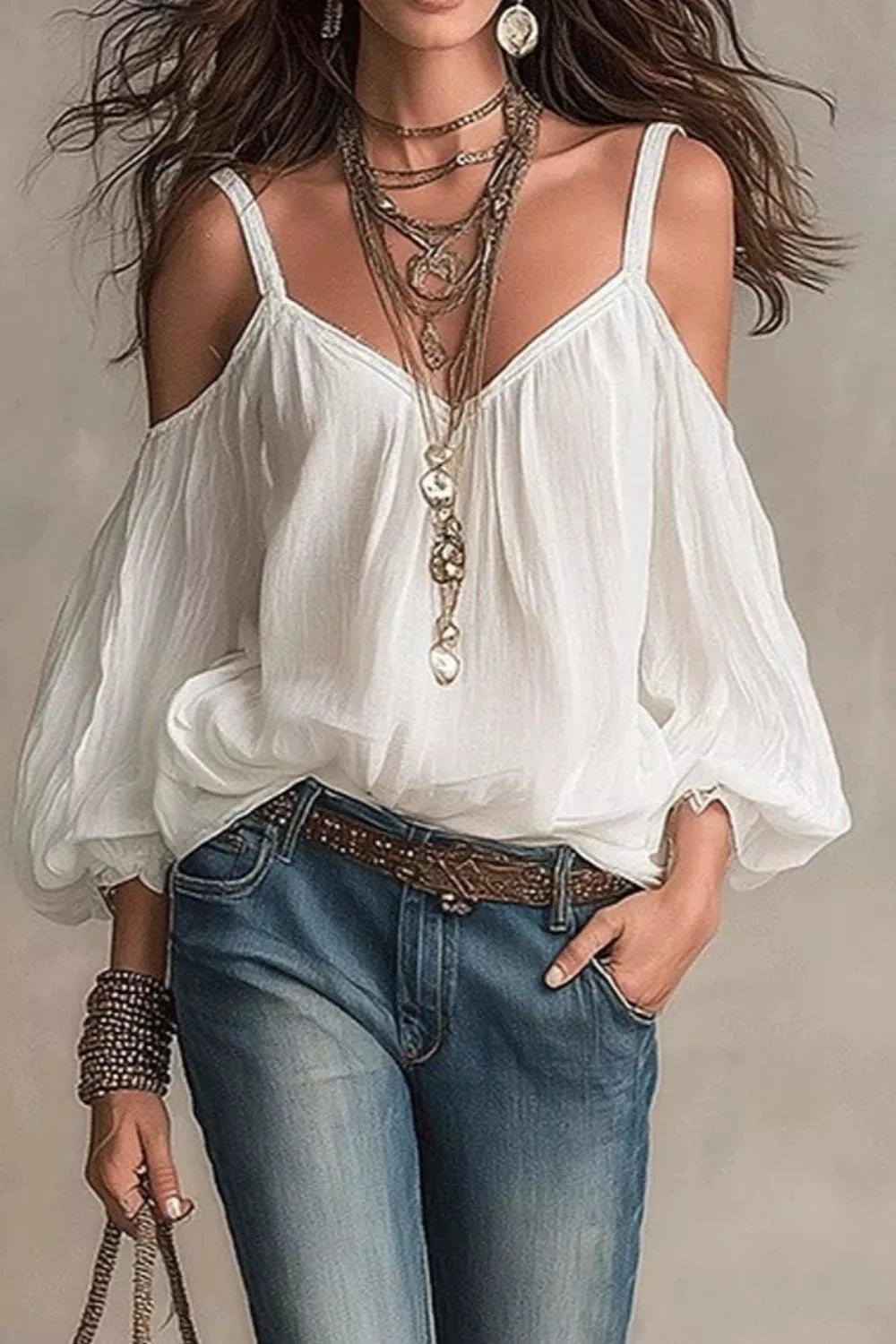 Cold Shoulder Balloon Sleeve Blouse