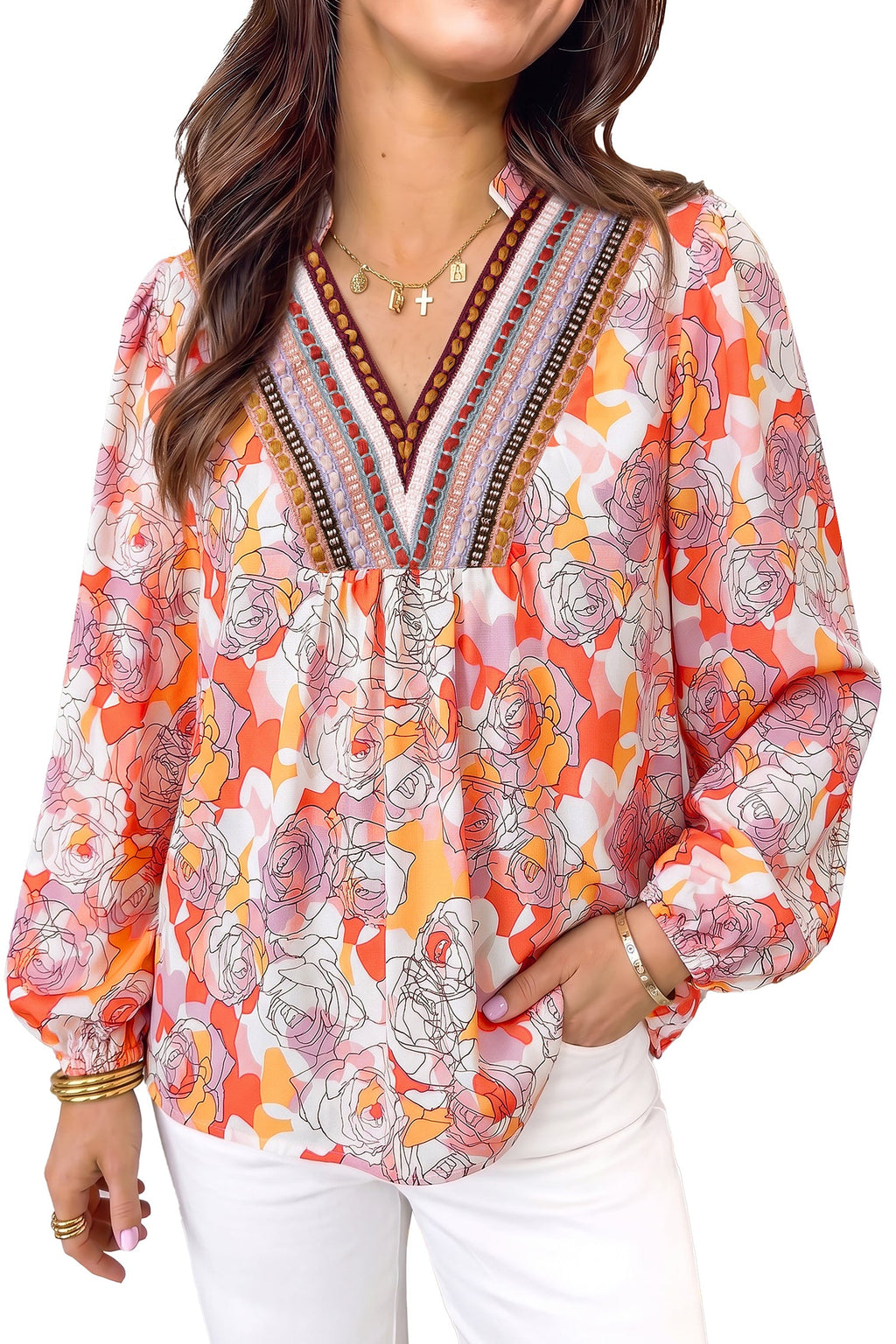Pink Floral Print V Neck Long Sleeve Shift Blouse