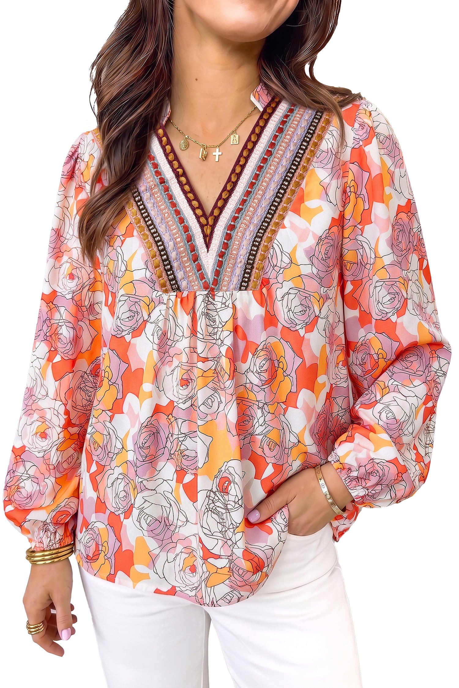 Pink Floral Print V Neck Long Sleeve Shift Blouse
