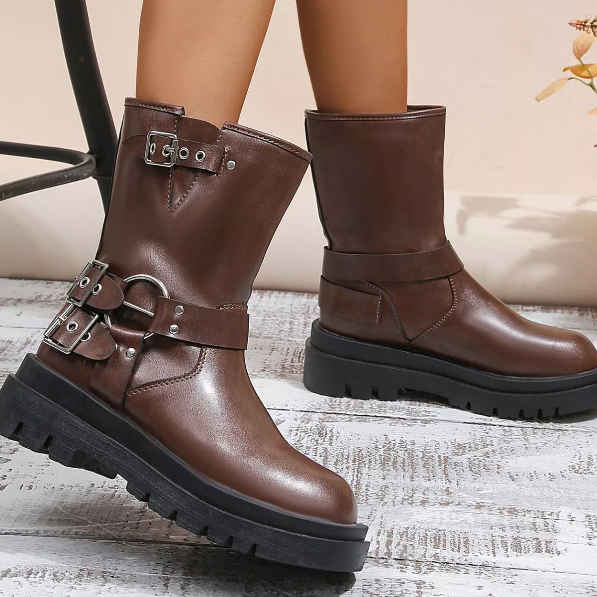 Round Toe Block Heels Boots