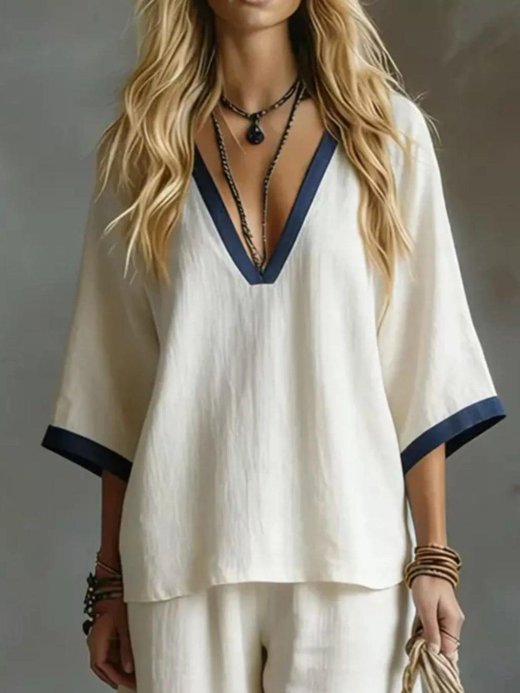 Full Size Contrast Trim V-Neck Top and Pants Set Plus Size
