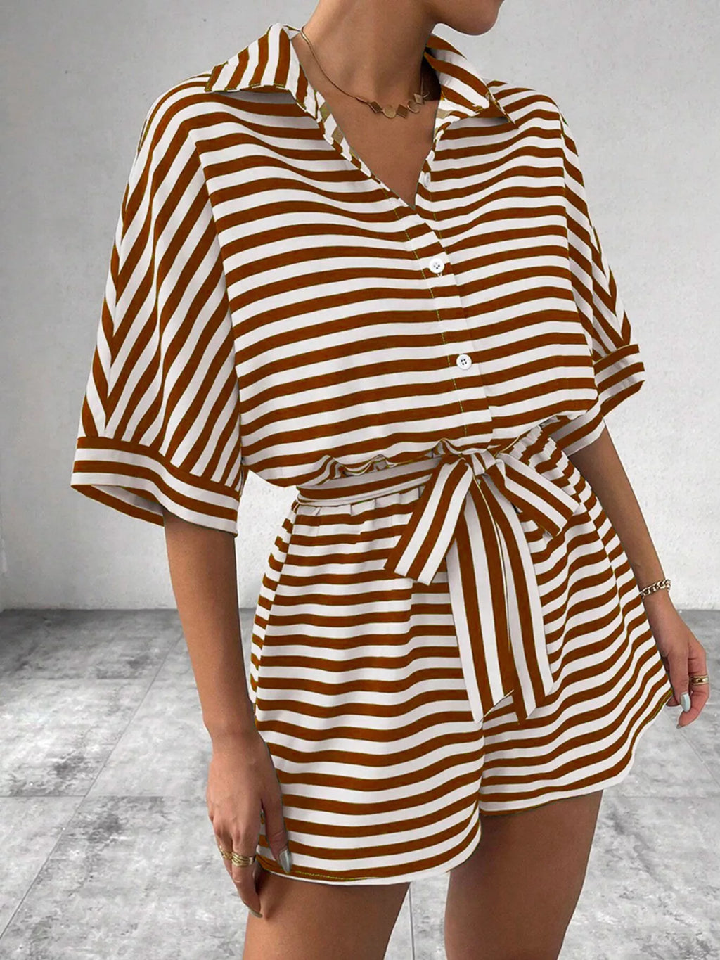 Striped Button Front Half Sleeve Romper