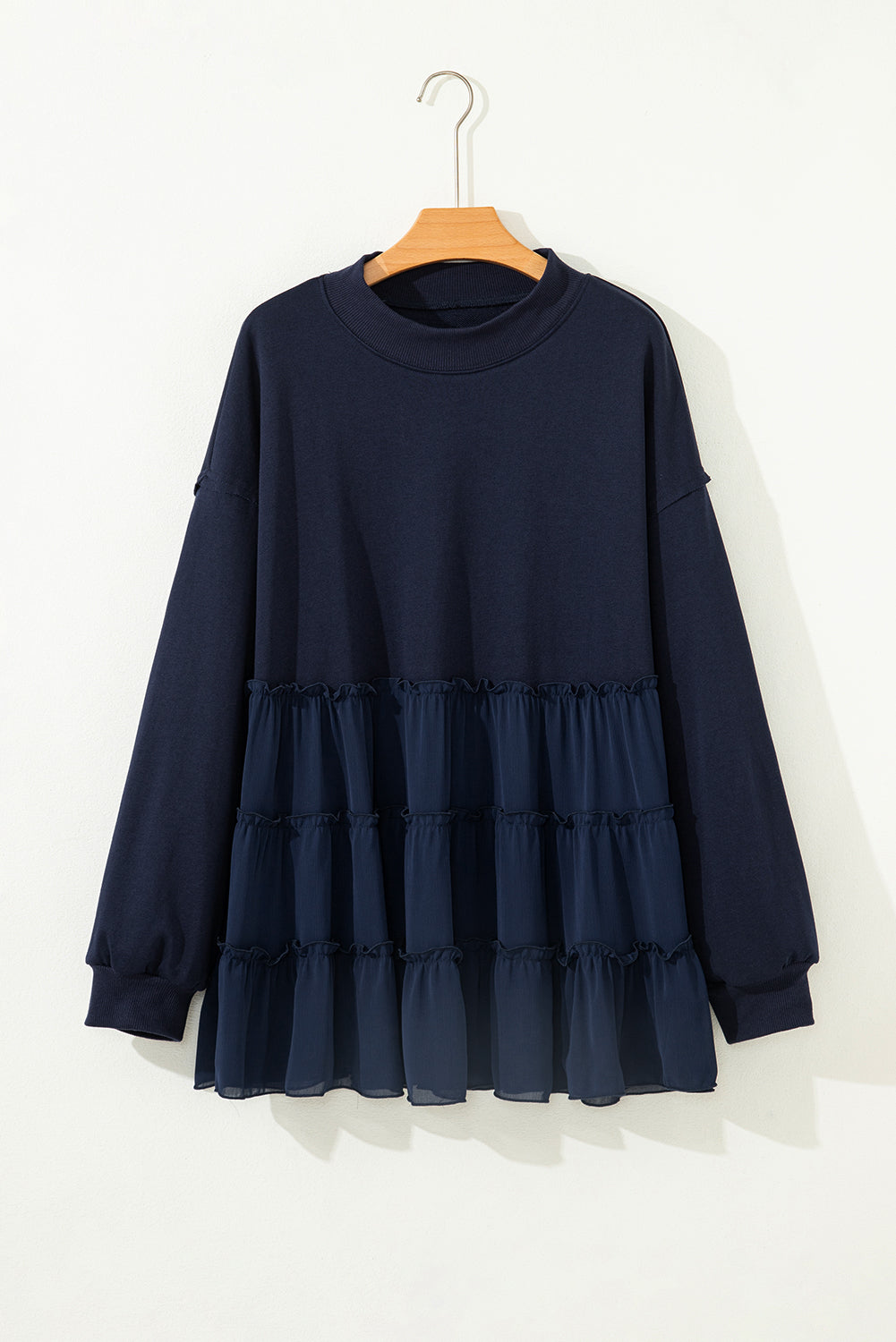 Plus Size Solid Ruffle Tiered Ribbed Crewneck Top