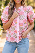 Pink Sweet Blooms Ruffle Striped Trim Puff Sleeve Shirt