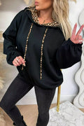 Elastic Cuffs Leopard Contrast Drawstring Hoodie