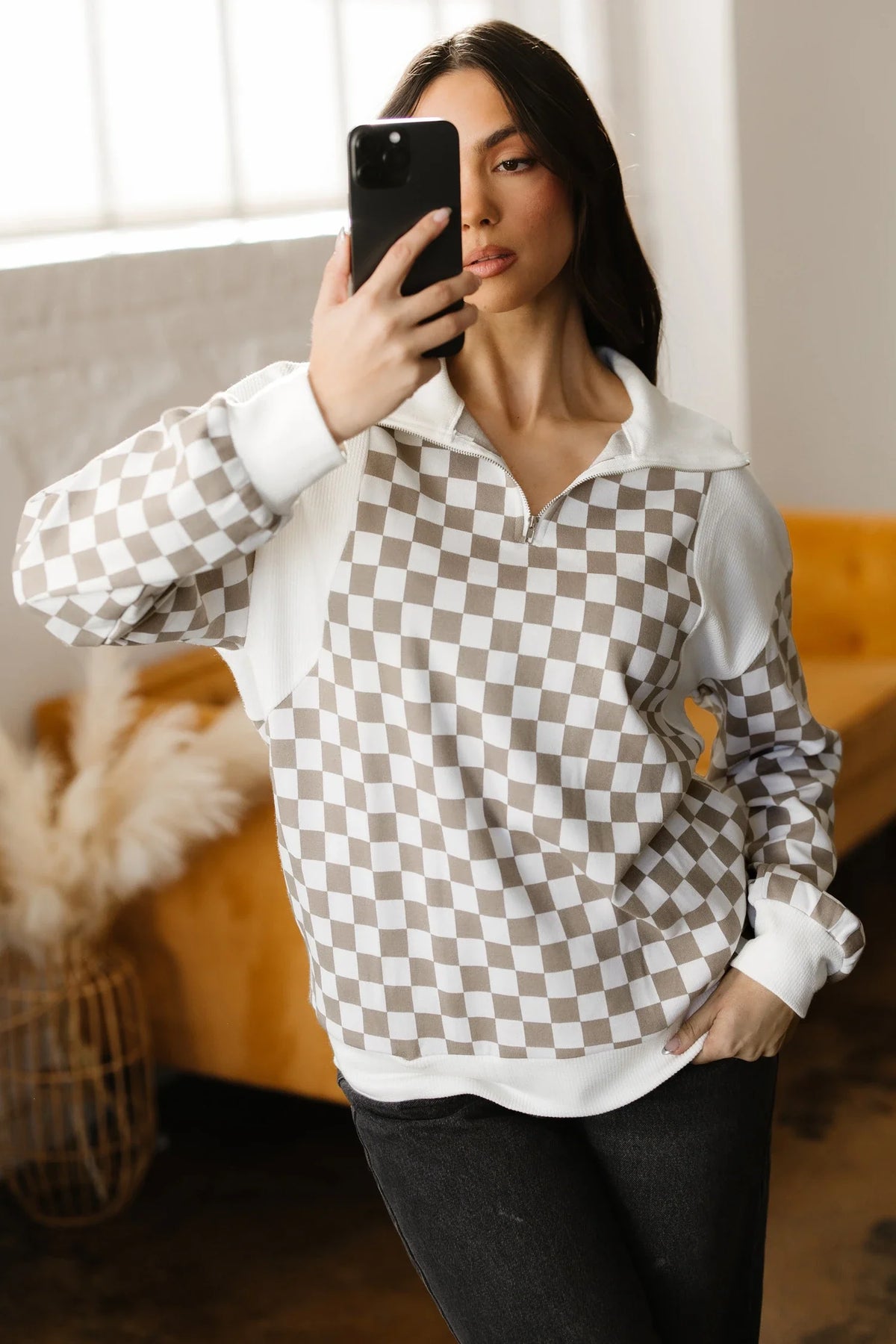 Checker Ribbed Patchwork Quarter Zip Sweatshirt