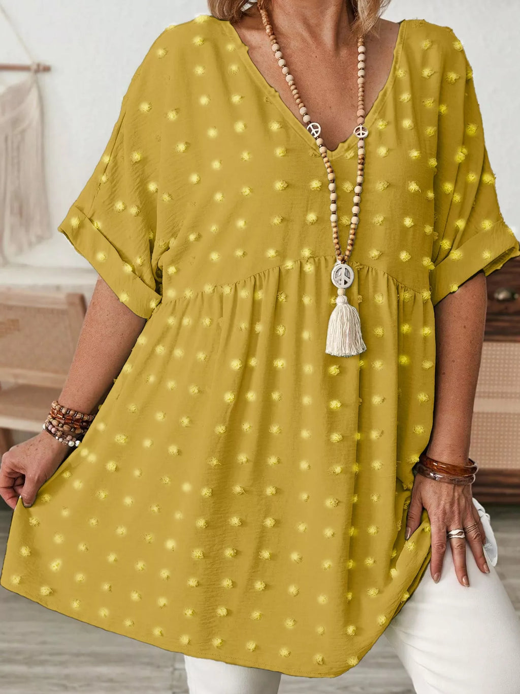 Plus Size Swiss Dot V-Neck Casual Blouse