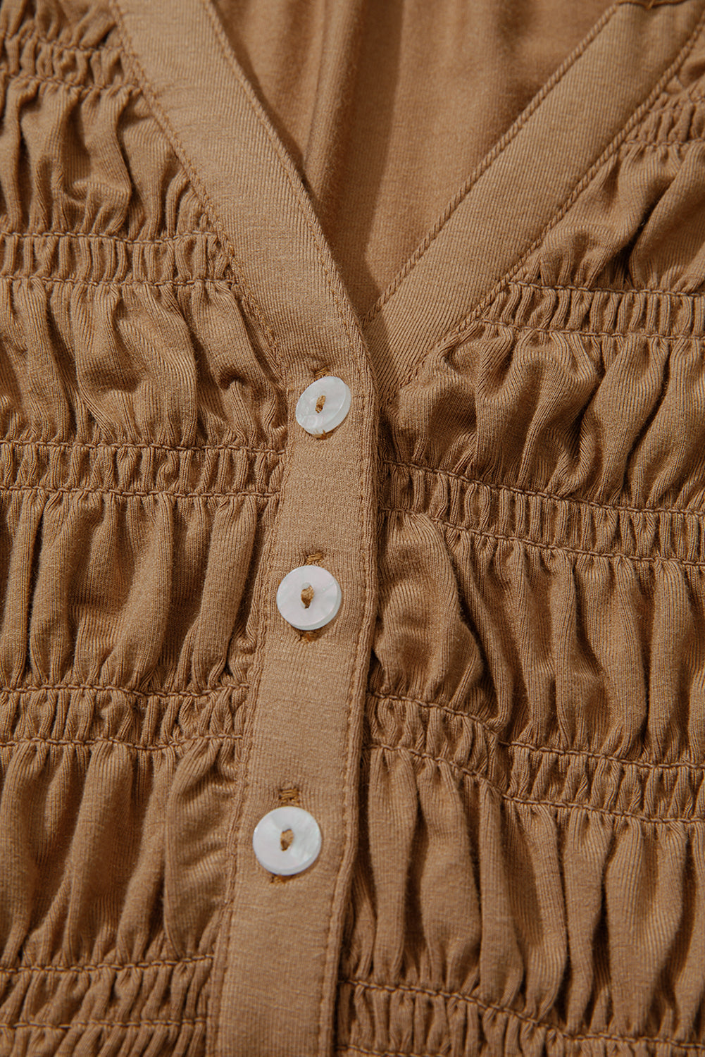Solid Smocked Split V-Neck Buttoned Blouse