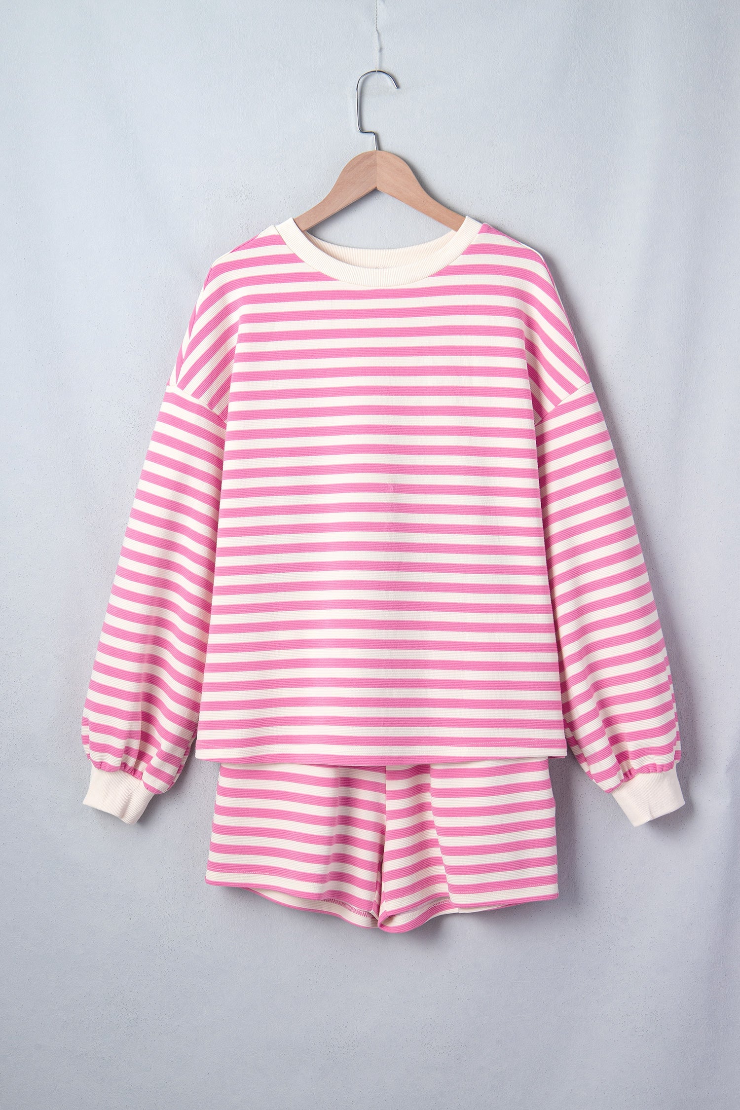 Pink Striped Long Sleeve Crew Neck Drawstring Waist Shorts Set