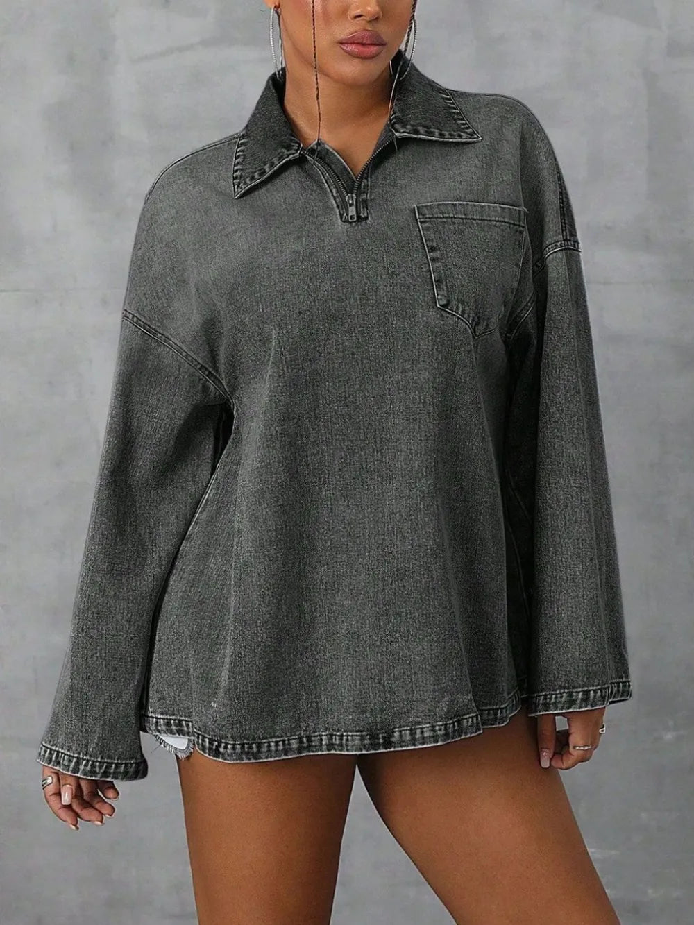 Collared Neck Drop Shoulder Denim Top