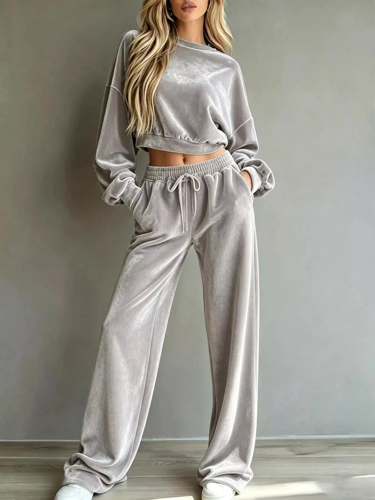 Full Size Cropped Sweatshirt and Wide-Leg Pants Set Plus Size