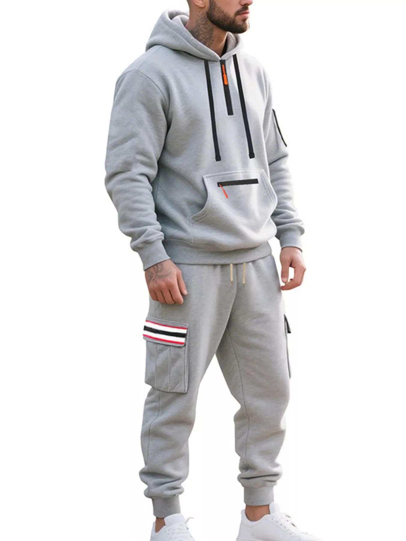 Men's Full Size Casual Half-Zip Hoodie and Cargo Pants Set Plus Size