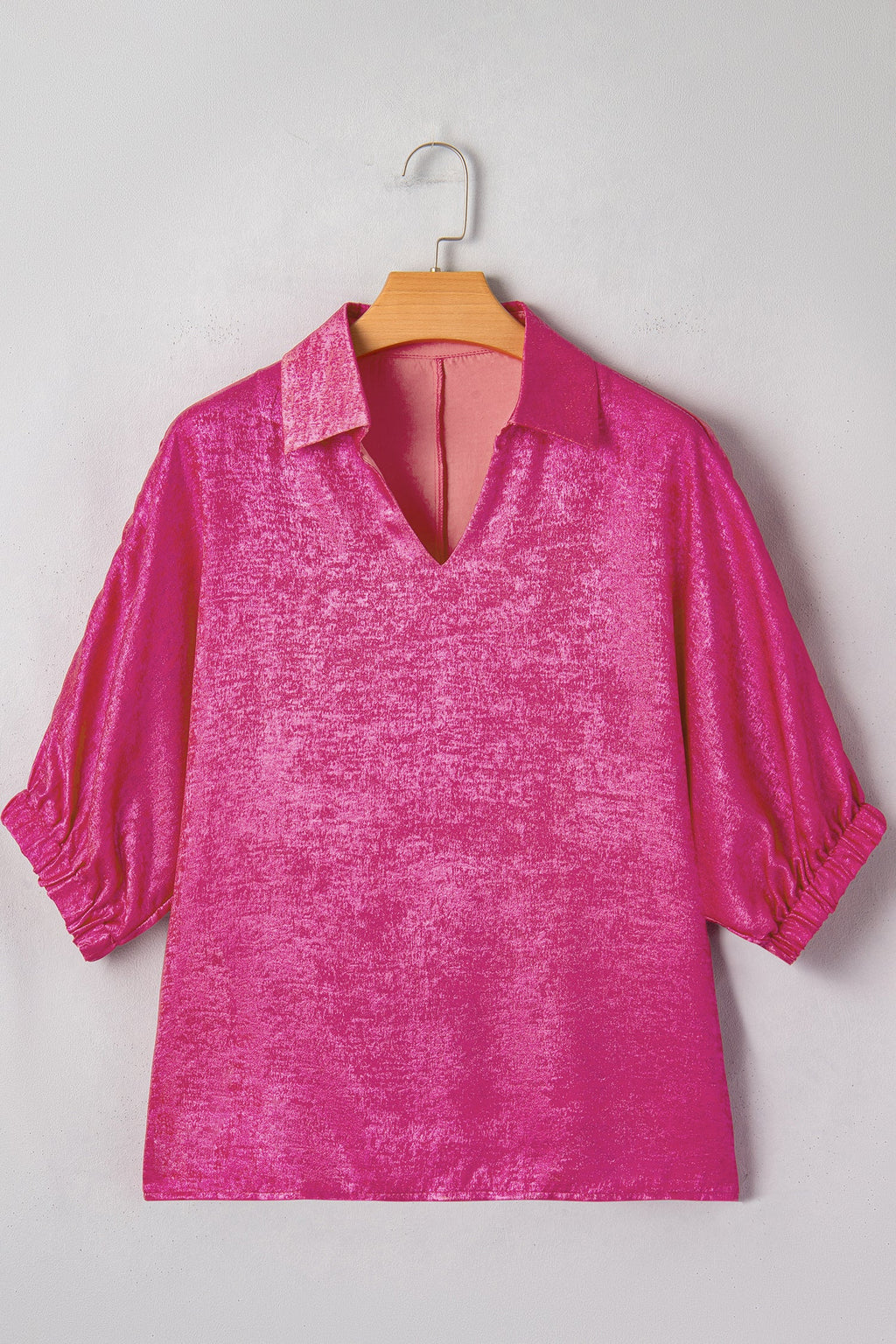 Strawberry Pink Collared V Neck Half Sleeve Metallic Top