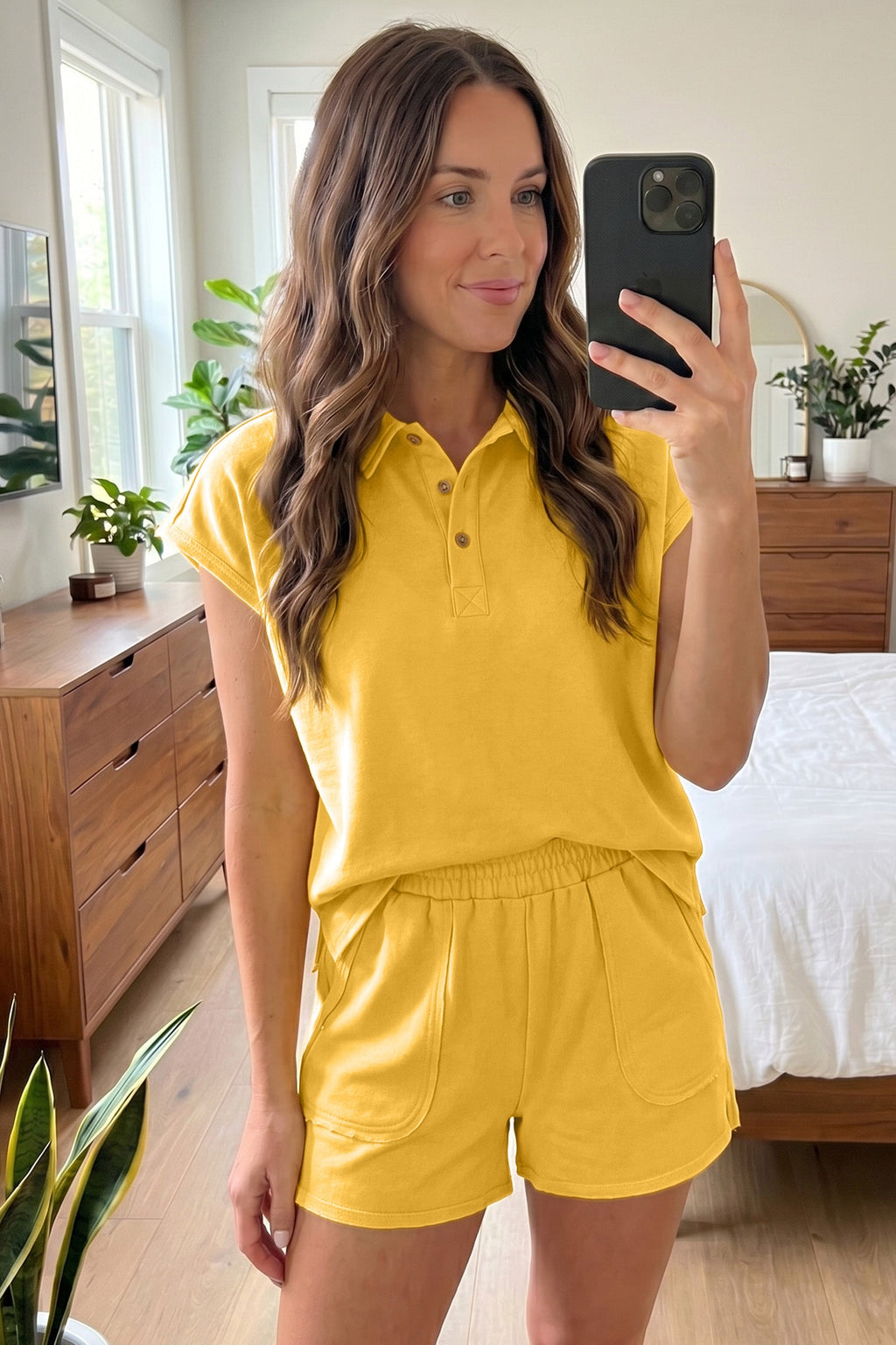 Banana Cream Loose Polo Tee Elastic Waist 2pcs Short Set