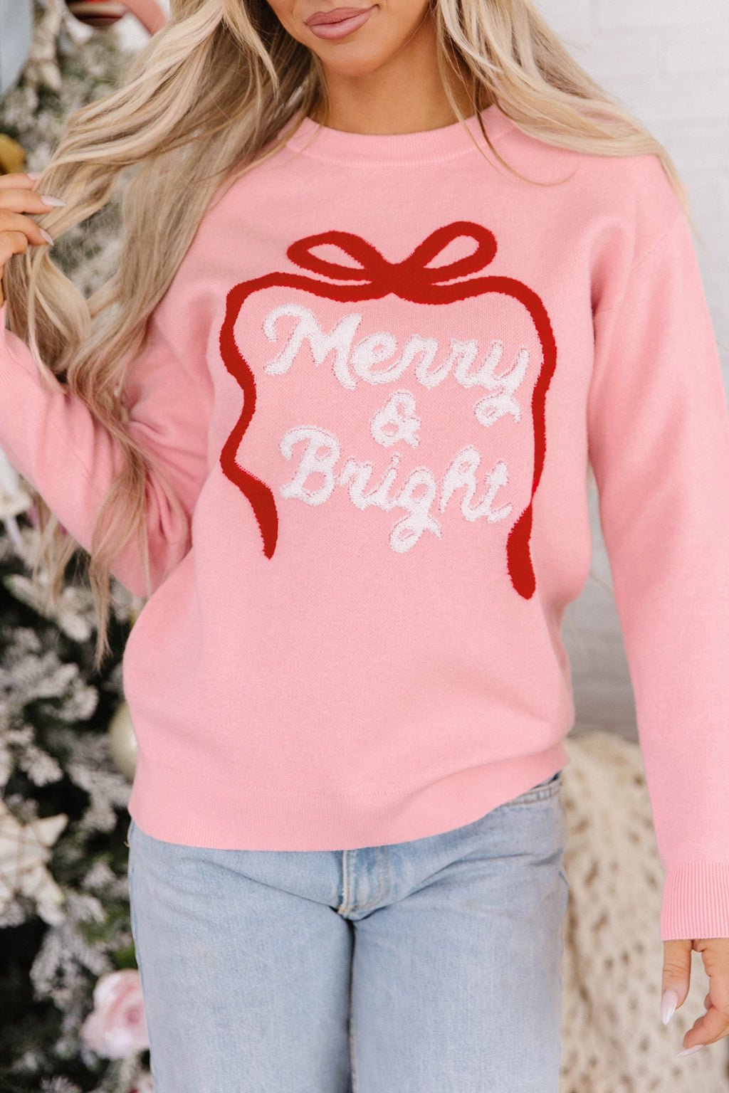 Gossamer Pink Drop Shoulder Round Neck Towel Embroidery Slogan Pullover Sweater