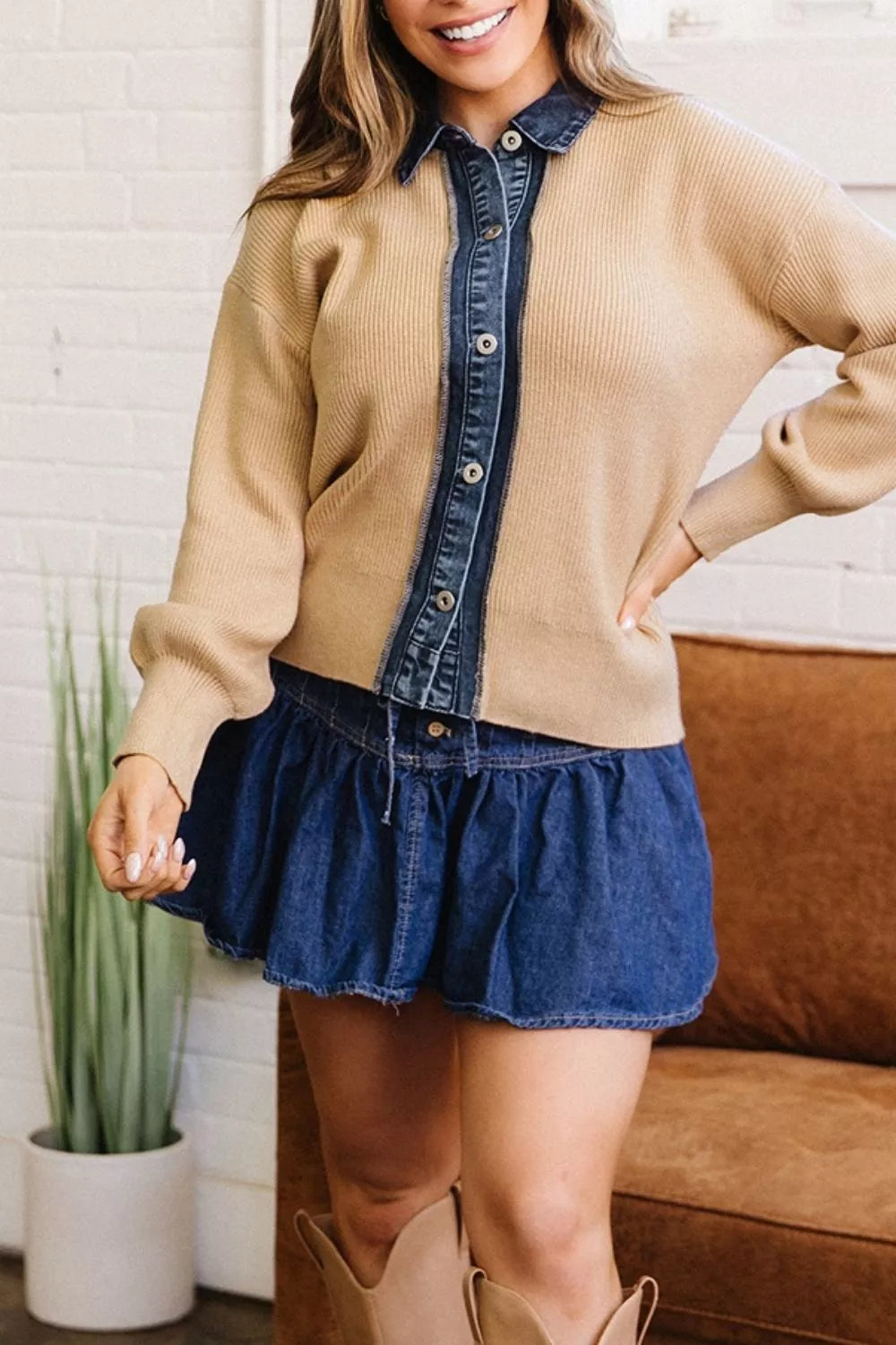 Drop Shoulder Placket Paneling Shirt Collar Long Sleeve Cardigan