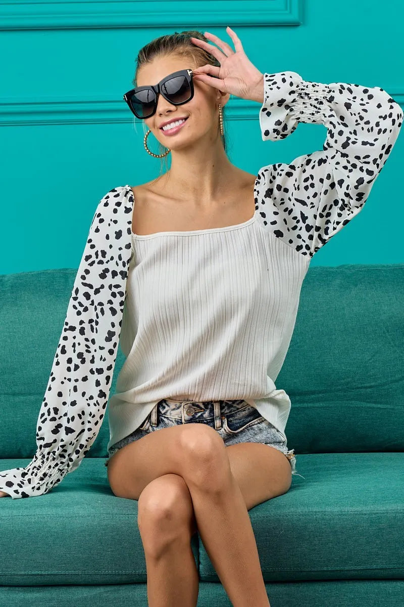 Leopard Sleeve Ribbed Square Neck Long Sleeve Top in Stretch Cotton