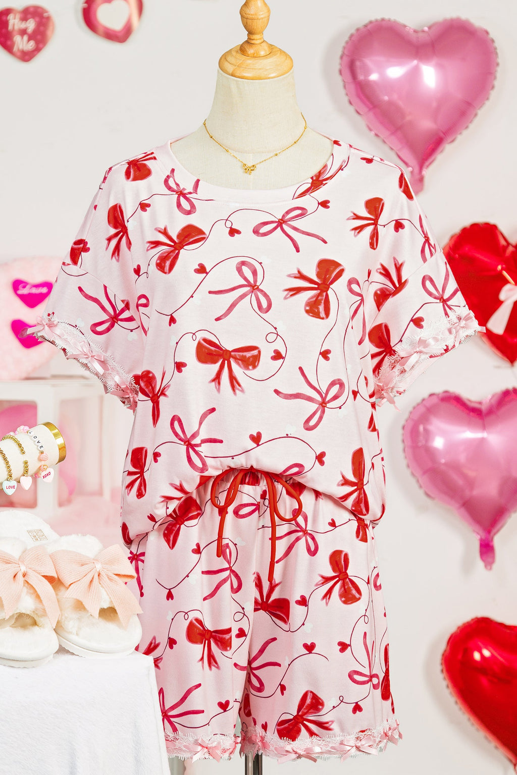 Red Romantic Bow Print Loose Tee Drawstring Shorts 2pcs Lounge Set