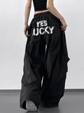 Letter Back Wide Leg Drawstring Pants