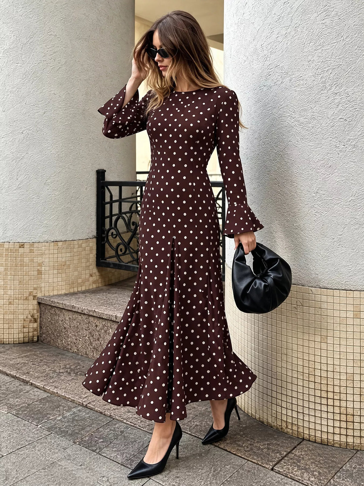 Polka Dot Long Sleeve Maxi Dress