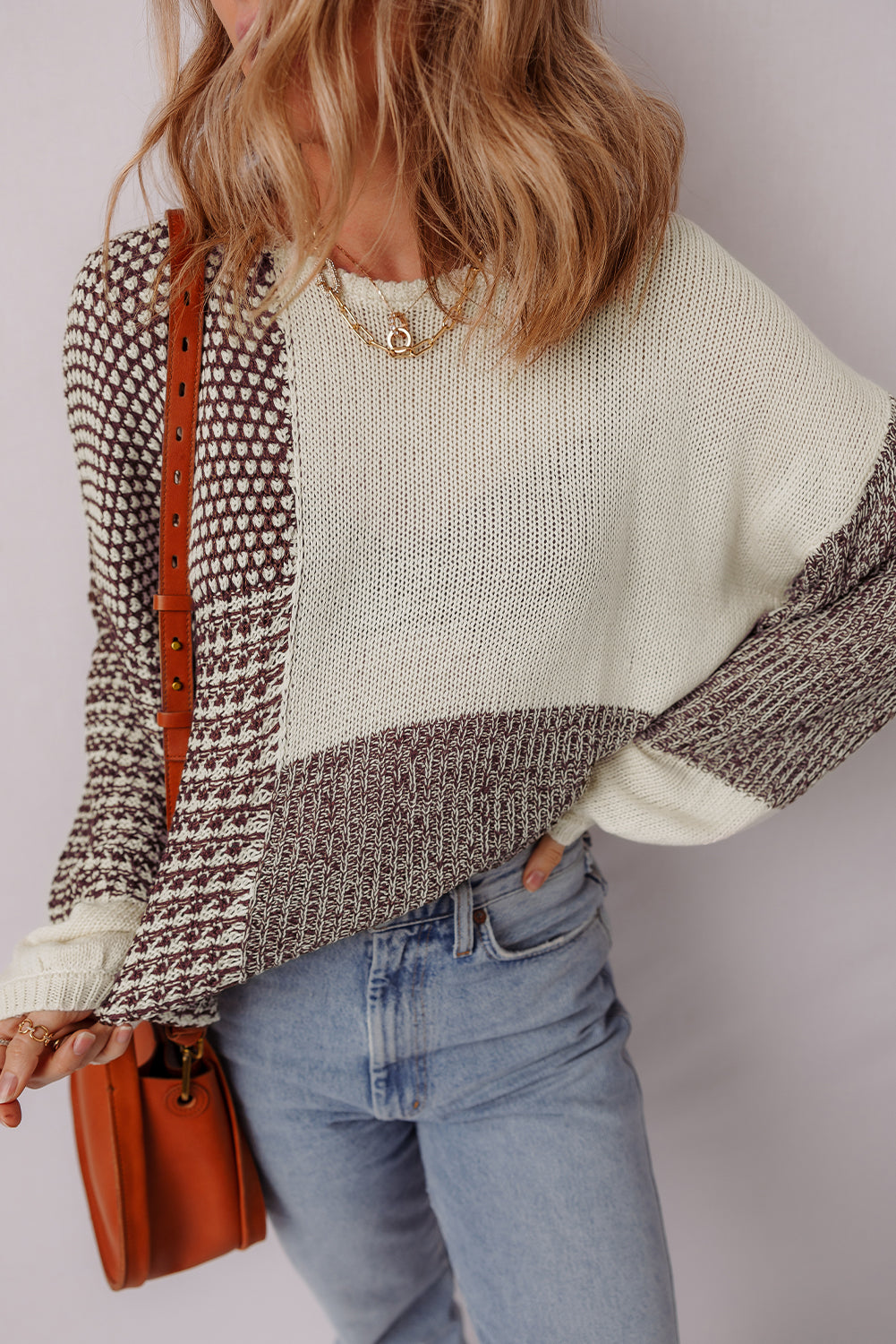 Dark Khaki Color Block Back Tie Drop Shoulder Loose Sweater