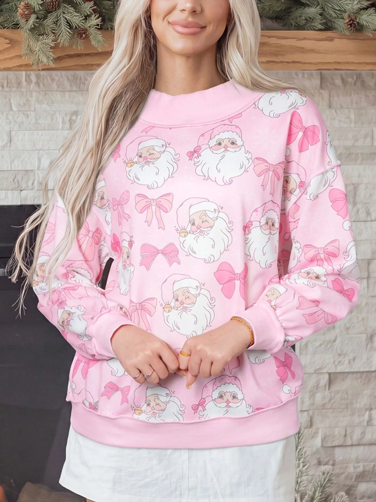 Abstract Santa Print Drop Shoulder High Neck Sweatshirt