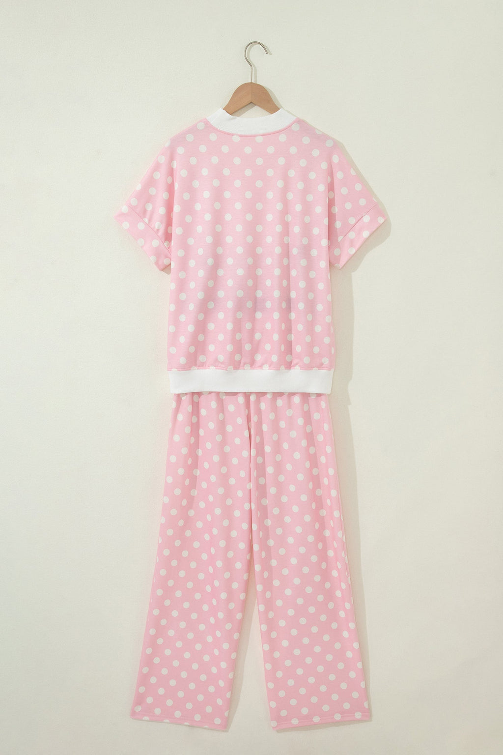 Pink Polka Dot Print Mock Neck Short Sleeve Top Shift Pant Set