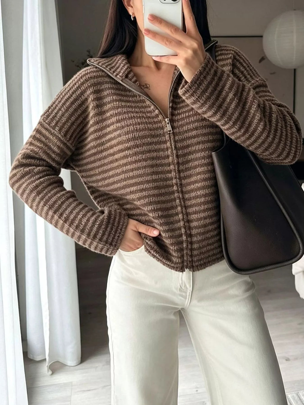 Striped Zip-Up Knit Cardigan
