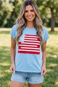 Mist Blue USA Flag Textured Patchwork Cap Sleeve Tee
